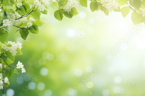 Beautiful spring background with green leaves and white flowers on bokeh  spring background or summer background with fresh green  AI Generated