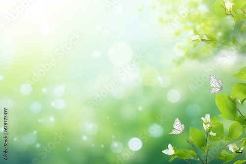 Spring background with green leaves and white butterflies. Nature bokeh, spring background or summer background with fresh green, AI Generated
