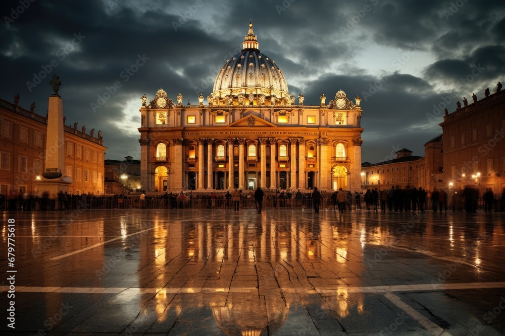 Basilica of Saint Peter in Vatican at night, Rome, Italy, St Peter Cathedral in Rome, Italy, AI Generated