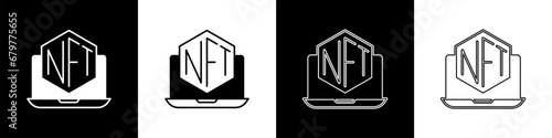 Set Laptop with art store app icon isolated on black and white background. Technology of selling NFT tokens for cryptocurrency. Non fungible token concept. Vector