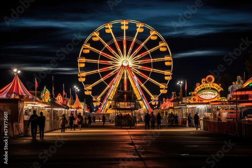 Amusement park at night with colorful ferris wheel and people, State Fair Carnival Midway Games Rides Ferris Wheel, AI Generated