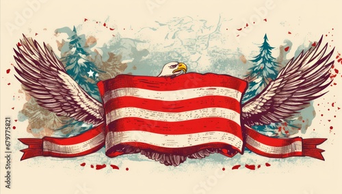 an american eagle flying in front of an american flag, vintage style patriotic card, banner wallpaper, copy space for text, Memorial Day , Independence Day, 4th July  photo