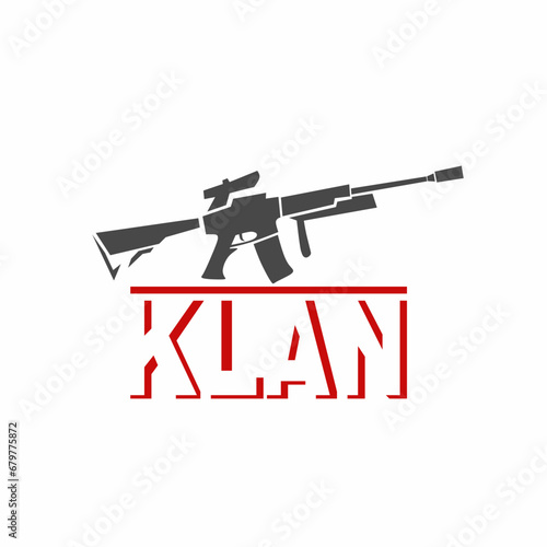 Vector graphic illustration of a silhouette of a gun logo positioned over text that says KLAN.