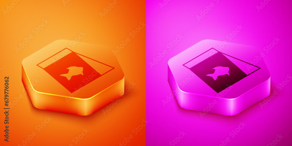 Isometric Food for fish icon isolated on orange and pink background. Hexagon button. Vector Isometric Food for fish icon isolated on orange and pink background. Hexagon button. Vector