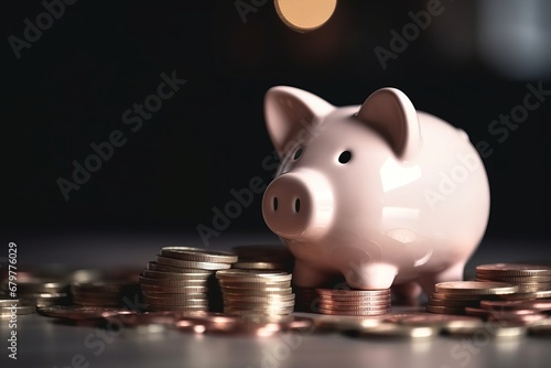 Piggy bank on office table. Concept of finance, credit and mortgage, investment, economy and money savings. 