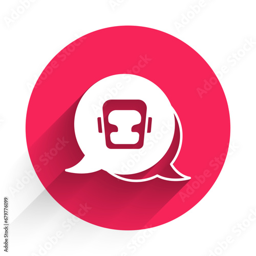 White Boxing helmet icon isolated with long shadow background. Red circle button. Vector