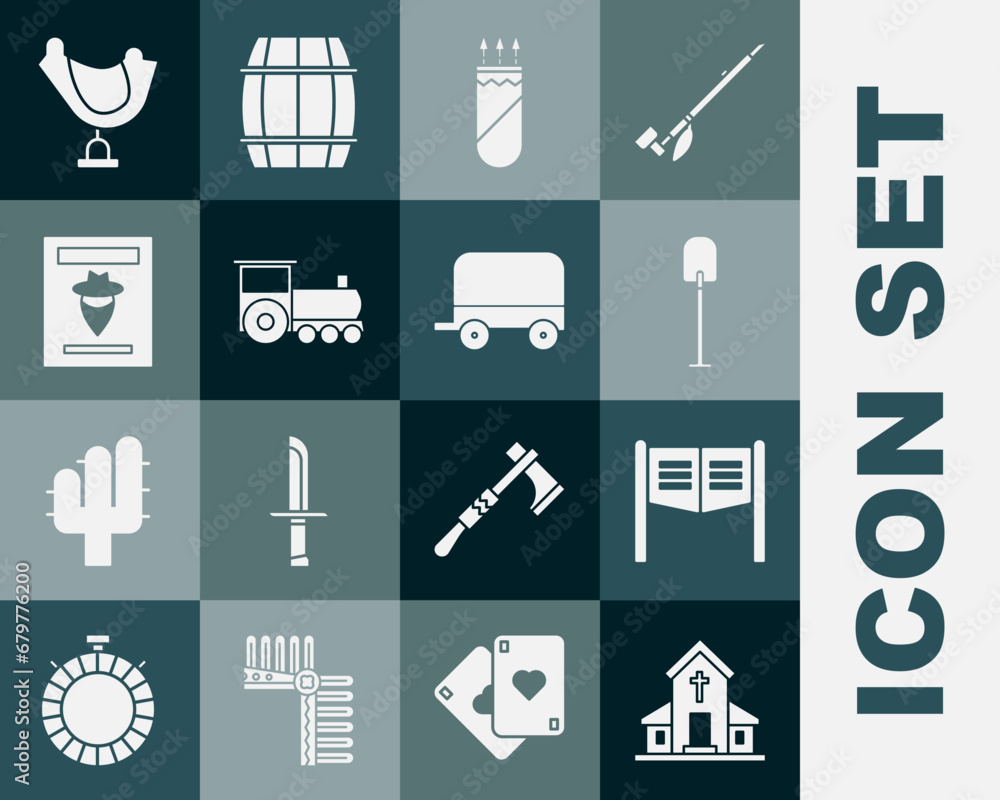 Set Church building, Saloon door, Shovel, Quiver with arrows, Retro train, Wanted western poster, Wild saddle and covered wagon icon. Vector Set Church building, Saloon door, Shovel, Quiver with arrows, Retro train, Wanted western poster, Wild saddle and covered wagon icon. Vector
