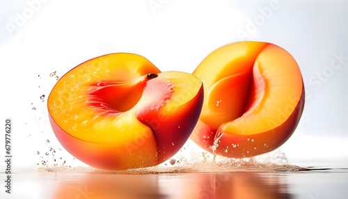 Juicy peach on a white background, close-up, fresh pitted peach with splashes of water