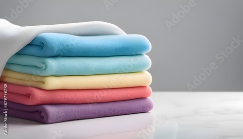 Stack of multi-colored microfiber towels on a white table, white background photo