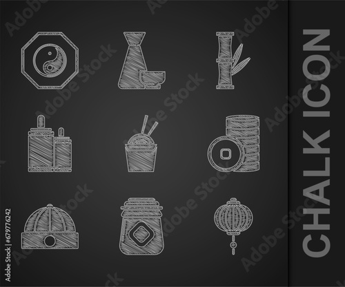 Set Asian noodles in paper box and chopsticks, Jar of honey, Chinese lantern, Yuan currency, hat, Firework, Bamboo and Yin Yang icon. Vector