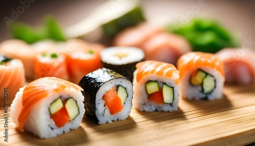 Traditional sushi rolls on the kitchen table, close up, a set of delicious sushi with salmon