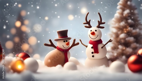 Two cheerful snowmen and a Christmas tree on a white background, falling snow, a snowman with deer antlers