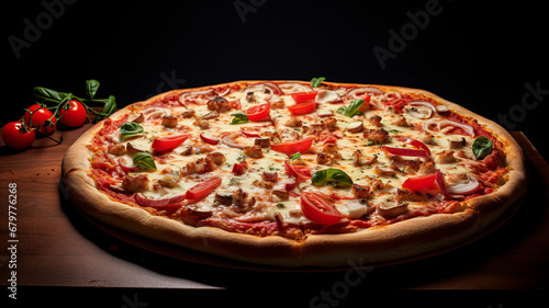 delicious pizza on a wooden board with vegetables on a plain background