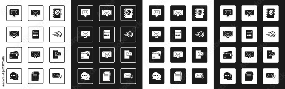 Set Address book, Mail box, Envelope and check mark, Speech bubble with envelope, e-mail, star, Mobile and icon. Vector Set Address book, Mail box, Envelope and check mark, Speech bubble with envelope, e-mail, star, Mobile and icon. Vector