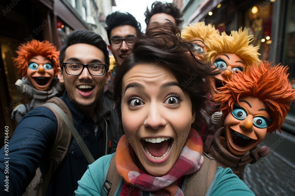 Enthusiastic group taking a selfie with animated puppet characters on a bustling city street, showcasing joy and excitement Enthusiastic group taking a selfie with animated puppet characters on a bustling city street, showcasing joy and excitement