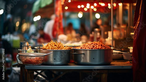 group of pots with delicous street food on a table with food stalls in the background photo