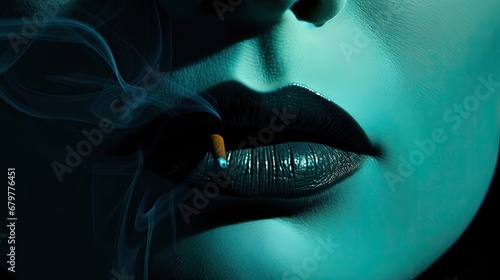  a close up of a woman's face with smoke coming out of her mouth and a cigarette sticking out of her mouth.