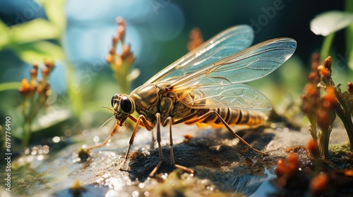  a close up of a fly sitting on top of a piece of wood next to a plant with flowers in the background.