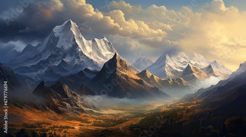  a painting of a mountain range with clouds in the sky and a river running through the center of the picture.