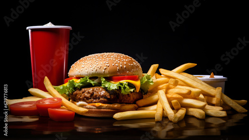 A hamburger, fries, fresh tomatoes and a milkshake on the side photo