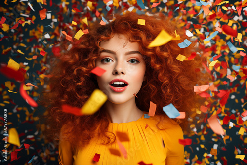 young redhead woman in yellow with confetti