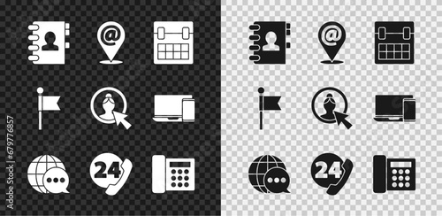 Set Address book, Location and mail and e-mail, Calendar, World map made from speech bubble, Telephone 24 hours support, marker and Create account screen icon. Vector