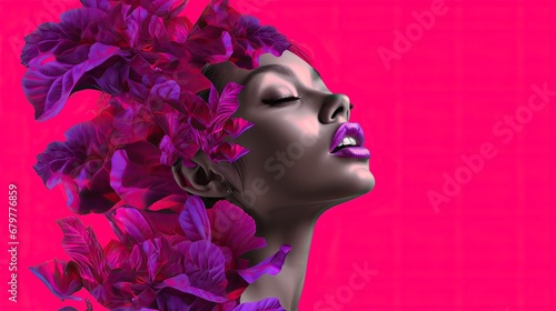  a digital painting of a woman's head with purple flowers in her hair and a pink wall behind her.