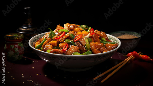 A bowl of diferent asian foods with chopsticks on a plain background