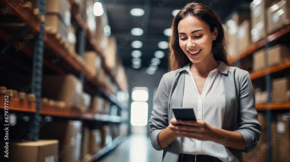 Smiling woman standing in a warehouse aisle, using a smartphone possibly to manage or check inventory. - obrazy, fototapety, plakaty 