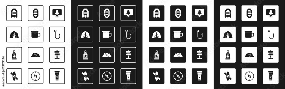 Set Location of the forest, Camping metal mug, Tourist tent, Rafting boat, Fishing hook, Road traffic signpost and lantern icon. Vector Set Location of the forest, Camping metal mug, Tourist tent, Rafting boat, Fishing hook, Road traffic signpost and lantern icon. Vector