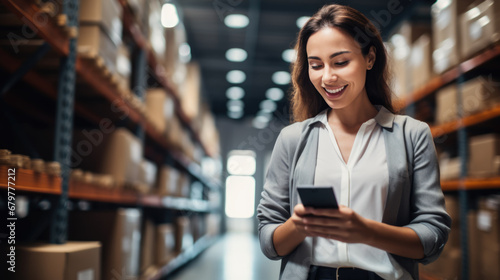 Smiling woman standing in a warehouse aisle, using a smartphone possibly to manage or check inventory. photo