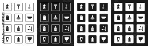 Set Nail scissors, Shower head, Paper towel roll, Sponge, Bathtub, Shaving razor, Washing hands with soap and Antiperspirant deodorant icon. Vector