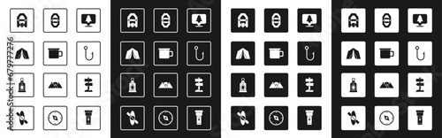 Set Location of the forest, Camping metal mug, Tourist tent, Rafting boat, Fishing hook, Road traffic signpost and lantern icon. Vector