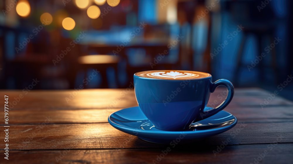 Close-up of a blue ceramic cup on a saucer with a beautifully crafted latte art design on top, resting on a rustic wooden table, illuminated by warm, ambient lighting.