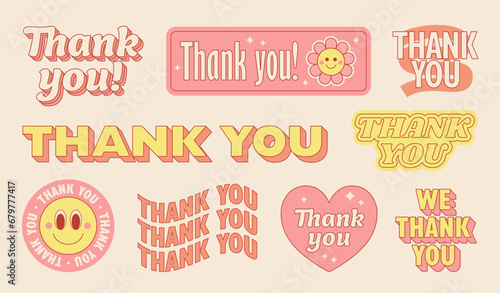 Collection of thank you stickers in retro 70s hippie style. Groovy thanksgiving patches, labels. Vector illustration