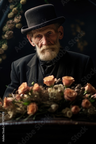 Old man with flowers standing near coffin at funeral