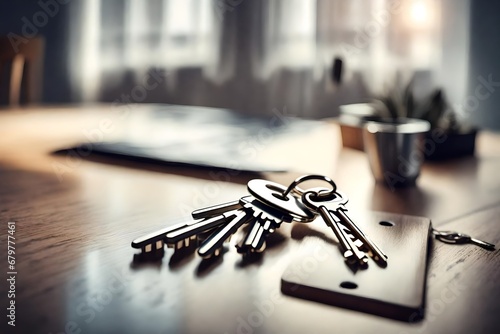 Keys on the table in new apartment or hotel room. Mortgage, investment, rent, real estate, property concept  photo