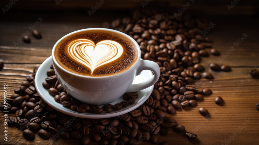 White ceramic cup and saucer on a wooden table, filled with a latte featuring a heart-shaped foam art design, surrounded by scattered roasted coffee beans. White ceramic cup and saucer on a wooden table, filled with a latte featuring a heart-shaped foam art design, surrounded by scattered roasted coffee beans.