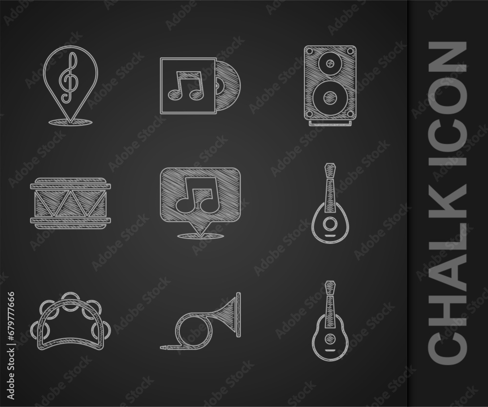 Set Music note, tone, Trumpet, Guitar, Tambourine, Drum, Stereo speaker and Treble clef icon. Vector