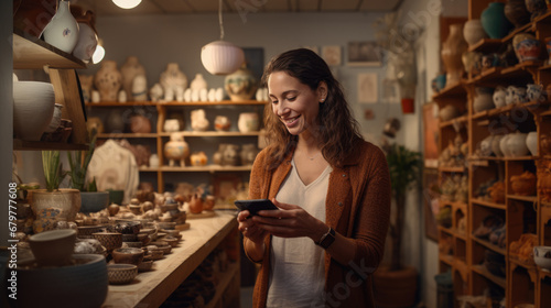 Smiling woman is browsing her smartphone in a ceramics shop  surrounded by shelves filled with various pottery items like bowls and vases.