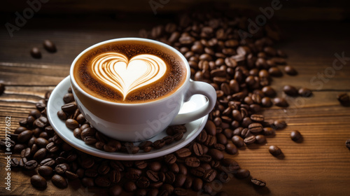 White ceramic cup and saucer on a wooden table, filled with a latte featuring a heart-shaped foam art design, surrounded by scattered roasted coffee beans.