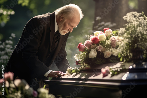 Old man with flowers standing near coffin at funeral