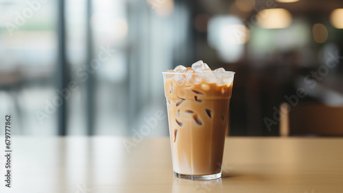 Iced latte on wood table in coffee shop cafe