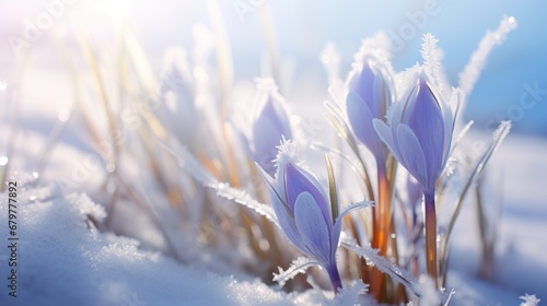 Close up Photo of Some Lilac Colored Snowdorps Crocus Growing in Snow in a Big Garden while there is a Cold but Sunny Moring. © Boss