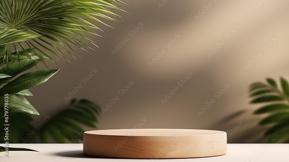 Natural wooden podium for product presentation With a lush green forest as the backdrop. Nature scene for cosmetic product branding Unique presentation and packaging Promotional display Natural wooden podium for product presentation With a lush green forest as the backdrop. Nature scene for cosmetic product branding Unique presentation and packaging Promotional display