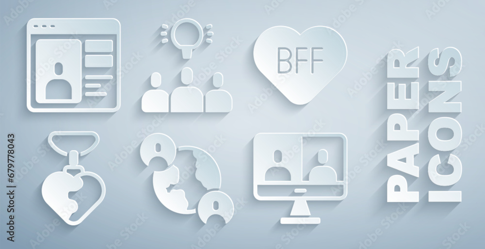 Set BFF or best friends forever, Necklace with heart shaped, Video chat conference, Project team base and Dating app online icon. Vector Set BFF or best friends forever, Necklace with heart shaped, Video chat conference, Project team base and Dating app online icon. Vector