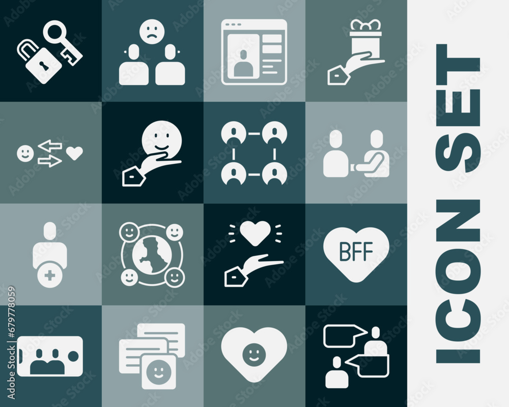 Set Two sitting men talking, BFF or best friends forever, Happy friendship day, Dating online, Romantic relationship, Lock with key and icon. Vector Set Two sitting men talking, BFF or best friends forever, Happy friendship day, Dating online, Romantic relationship, Lock with key and icon. Vector