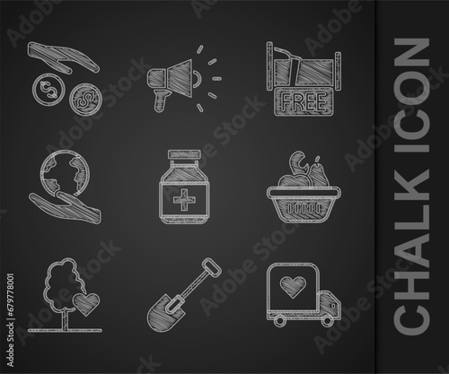 Set Medicine bottle and pills, Shovel, Delivery truck with heart, Donation food box, Volunteer team planting trees, Hand holding Earth globe, Free overnight stay house and charity icon. Vector
