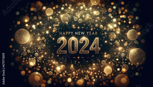 Happy New Year celebration 2024 dark blue and gold with glowing lights and bokeh background.