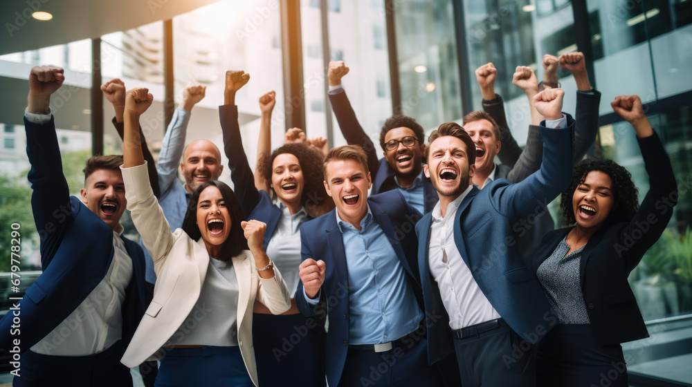 Group of business professionals with raised fists, celebrating a success or achievement in a corporate environment. - obrazy, fototapety, plakaty 